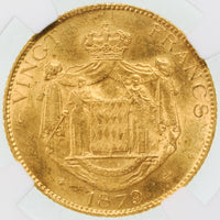 モナコ パリ造幣所 シャルル3世 1879年-A 20フラン金貨 MS63 NGC 裏
