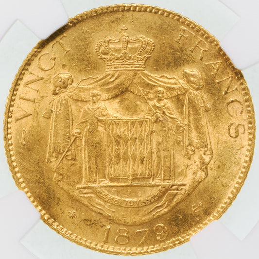 モナコ パリ造幣所 シャルル3世 1879年-A 20フラン金貨 MS63 NGC 裏