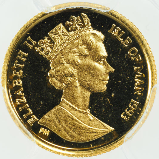 エリザベス2世 キャットコイン 1993年 マン島 1/25クラウン金貨 MS68 PCGS 裏