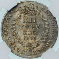 ドイツ ザイン＝アルテンキルヒェン伯領 1753年  12クロイツァー銀貨 NGC MS65 裏