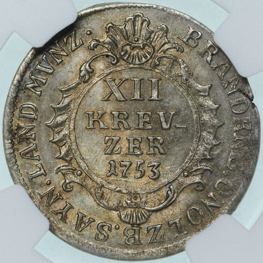 ドイツ ザイン＝アルテンキルヒェン伯領 1753年  12クロイツァー銀貨 NGC MS65 裏