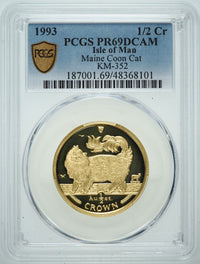 エリザベス2世 キャットコイン 1993年 マン島 1/2クラウン金貨 PR69 DEEP CAMEO PCGS 表