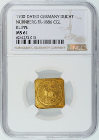 1700年刻印 ドイツ ニュルンベルク CGL ラムダカット クリッペ（四角） 1ダカット金貨 FR-1886