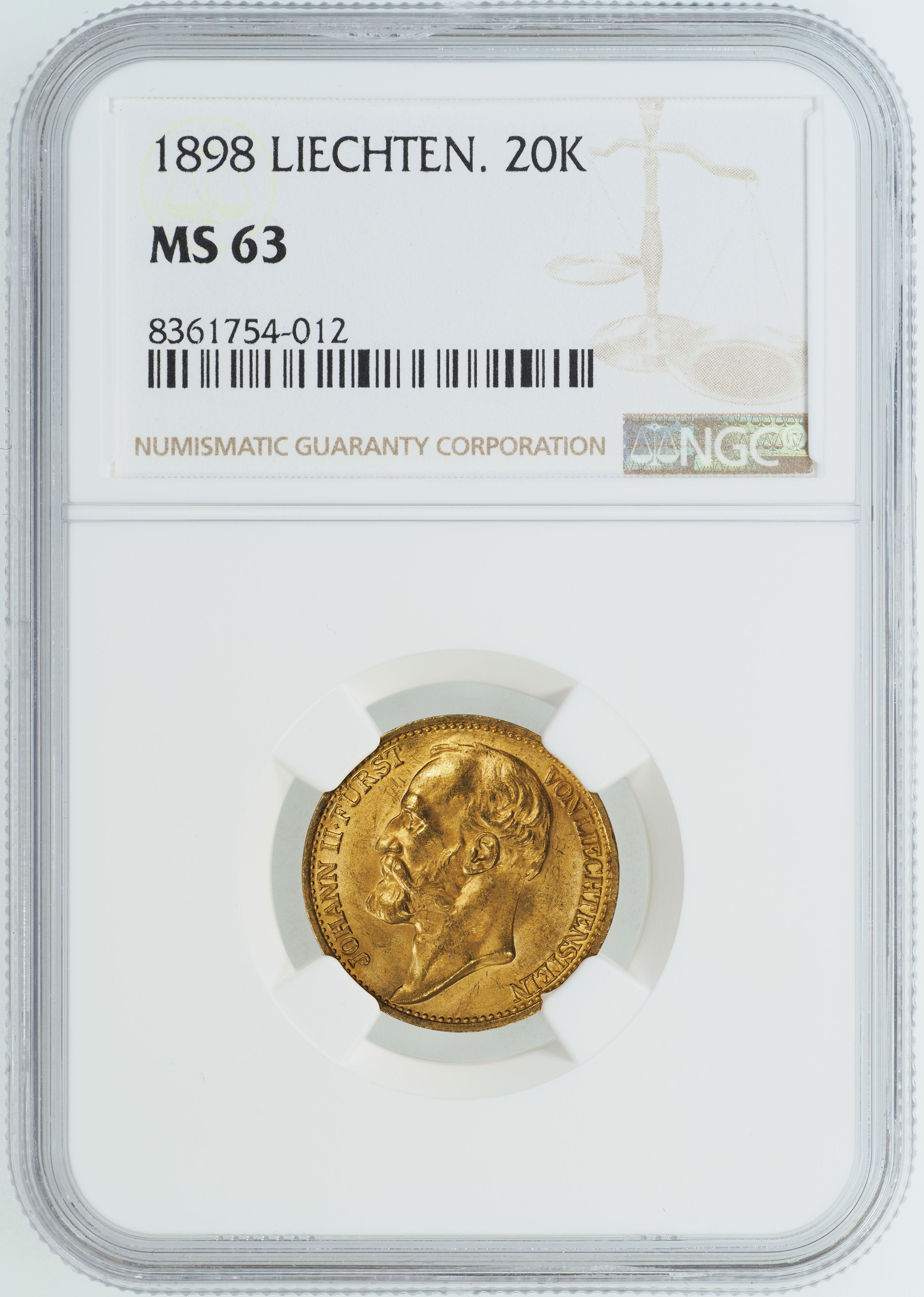 ヨハン2世 1898年 リヒテンシュタイン発行 20クローネ金貨 MS63 NGC