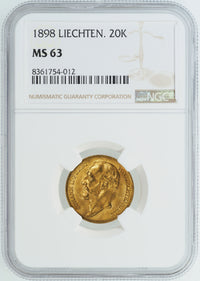 リヒテンシュタイン ヨハン2世 1898年 20クローネ金貨 MS63 NGC 表