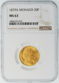 モナコ パリ造幣所 シャルル3世 1879年-A 20フラン金貨 MS63 NGC 表