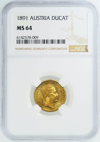 フランツ・ヨーゼフ1世 オーストリア 1891年 1ダカット金貨 MS64 NGC 表