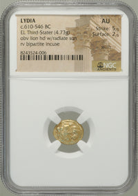 リディア王国 紀元前610～546年 エレクトラム製 1/3スターテル金貨 AU 5/5-2/5 scuffs NGC 表