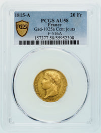 ナポレオン1世 百日天下 フランス パリ造幣所 1815年-A 20フラン金貨 AU58 PCGS 表