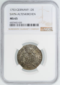 ドイツ ザイン＝アルテンキルヒェン伯領 1753年  12クロイツァー銀貨 NGC MS65 表