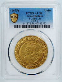 イギリス イングランド チャールズ1世 1625年 1ユナイト金貨 AU58 PCGS 表