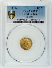 ジョージ3世 イギリス 1762年 1/4ギニー金貨 MS64 PCGS 表